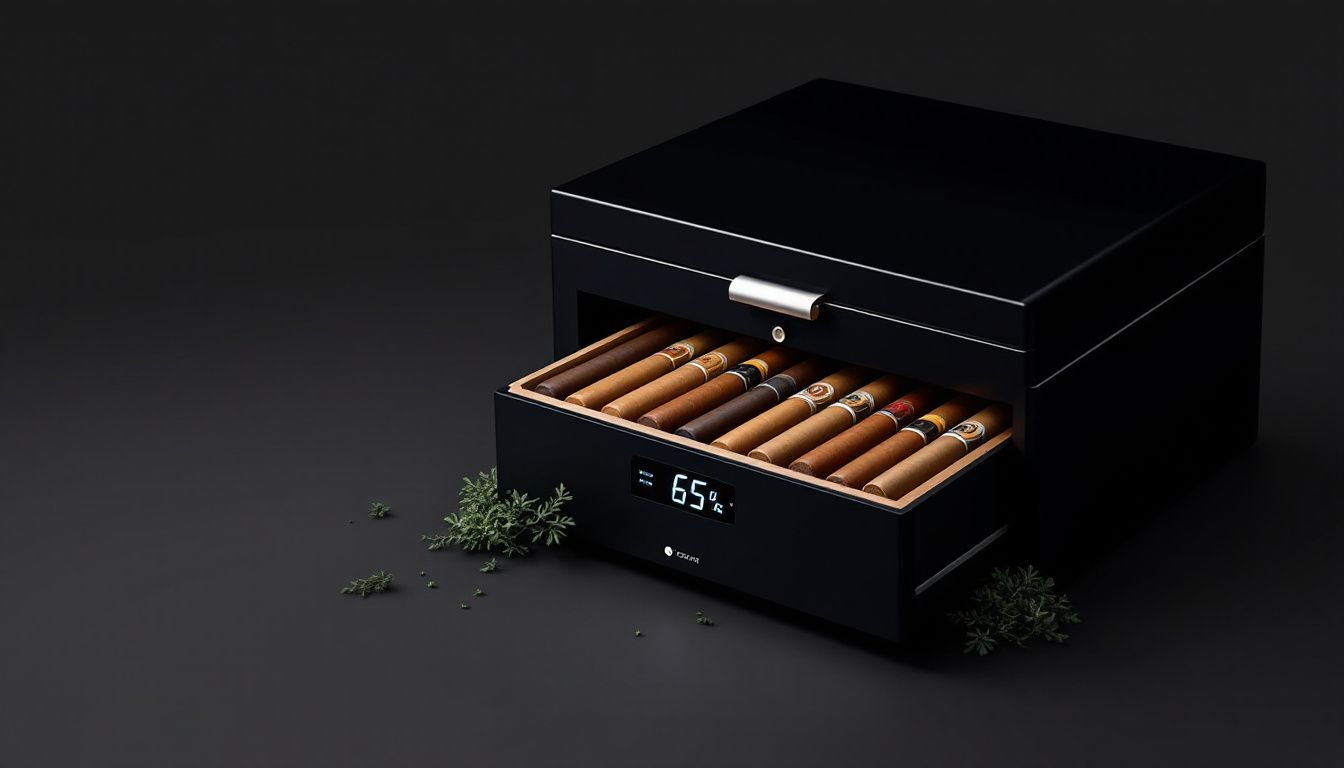 A well-maintained humidor with cigars and a digital hygrometer showing ideal humidity levels.