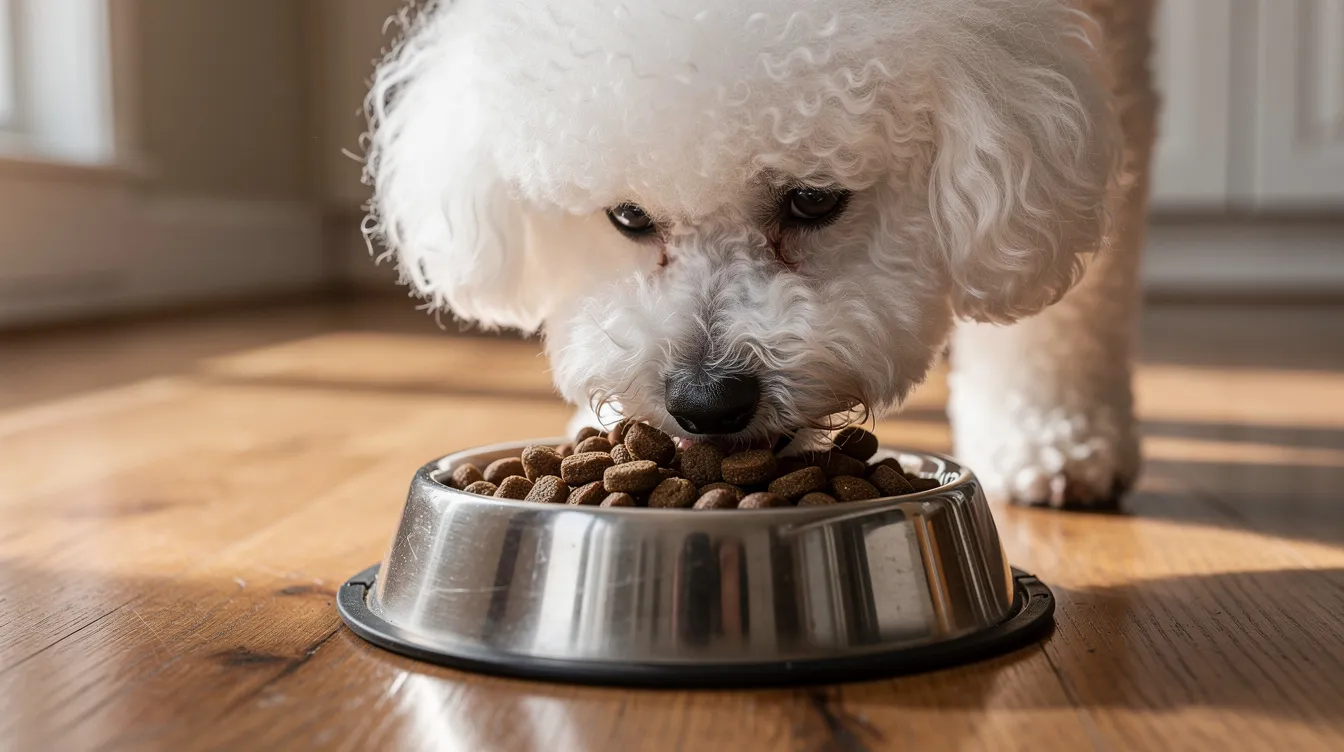 A cheerful Bichon Frise puppy is happily eating high-quality kibble from a dog bowl, showcasing its fluffy, curly coat and playful demeanor. This small dog breed is known for its friendly personality and requires regular grooming to maintain its adorable appearance.