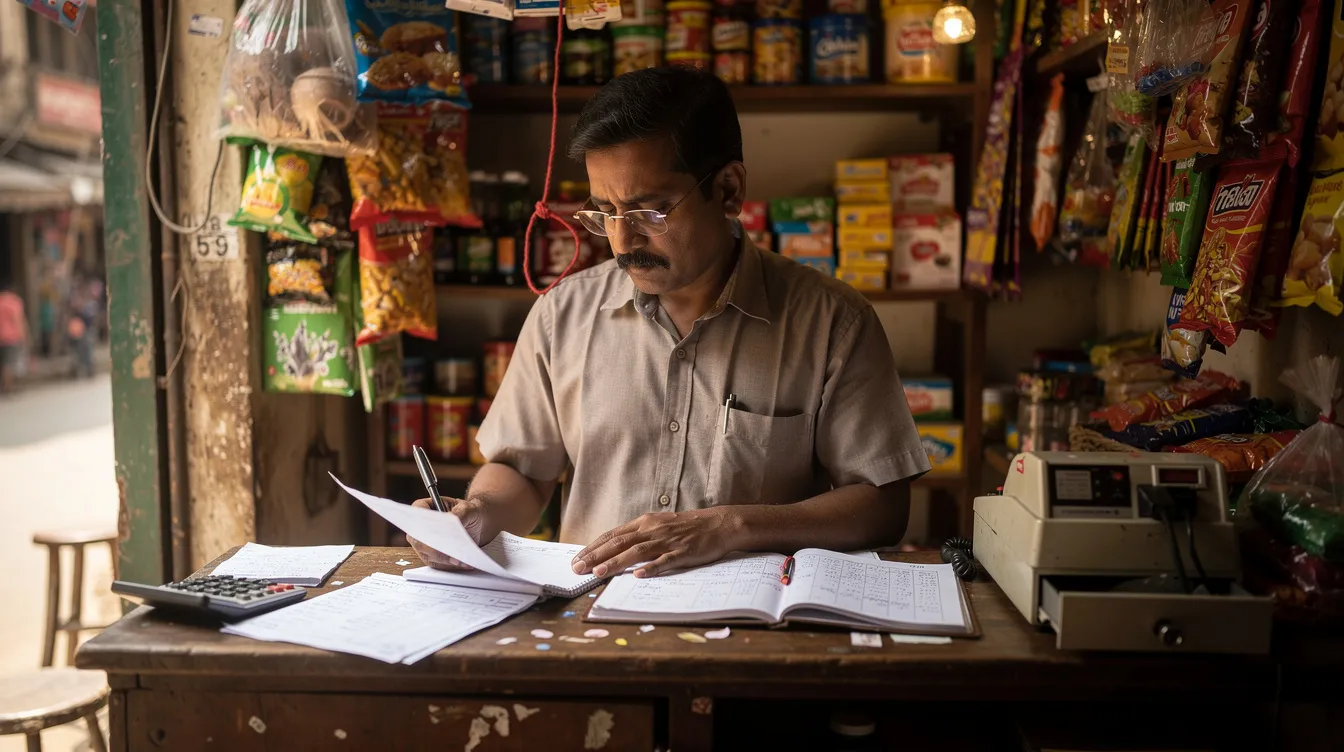 The image depicts a small Indian shop owner intently reviewing financial documents at a counter, likely assessing options for mudra loans to support his micro enterprise. The setting suggests a focus on financial assistance and planning, essential for his business's growth and sustainability.