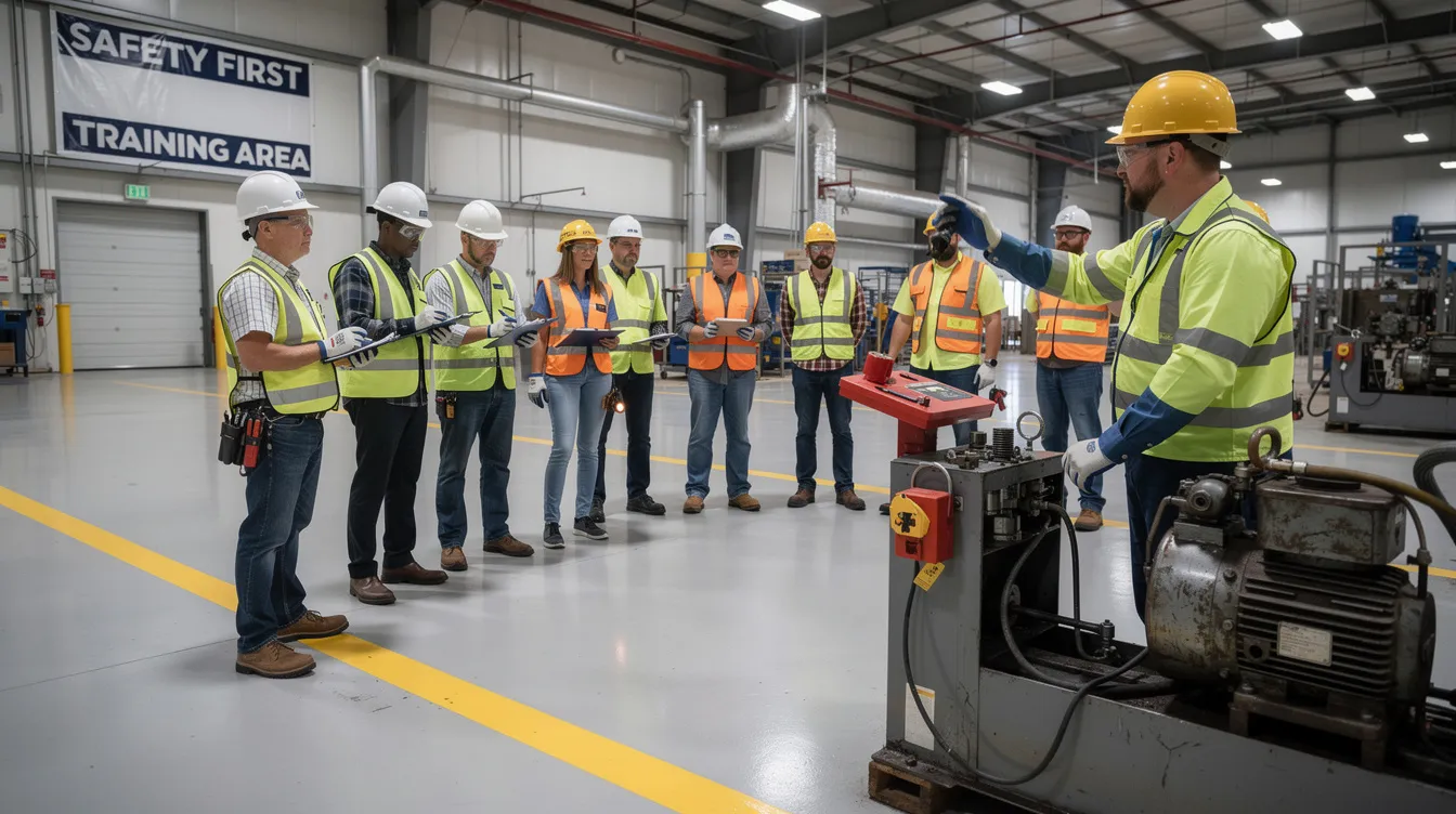 A group of apprentices in safety gear actively participating in hands-on training at an industrial facility. Read more to learn how to launch an apprenticeship program.