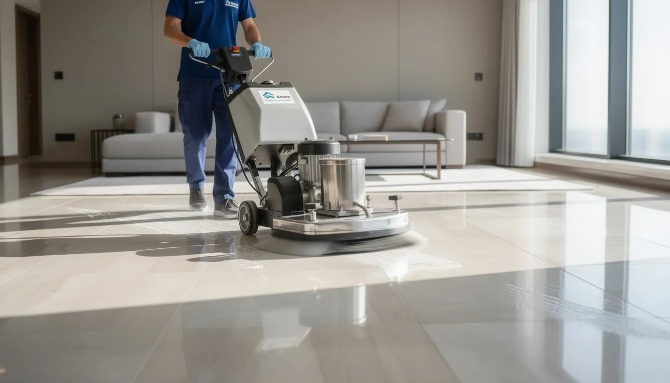 A professional cleaner is using industrial equipment to deep clean the floor of a modern apartment, showcasing a thorough cleaning process that ensures a pristine living space. This image highlights the expertise of cleaning services in Abu Dhabi, emphasizing the importance of maintaining a healthy environment in residential settings.