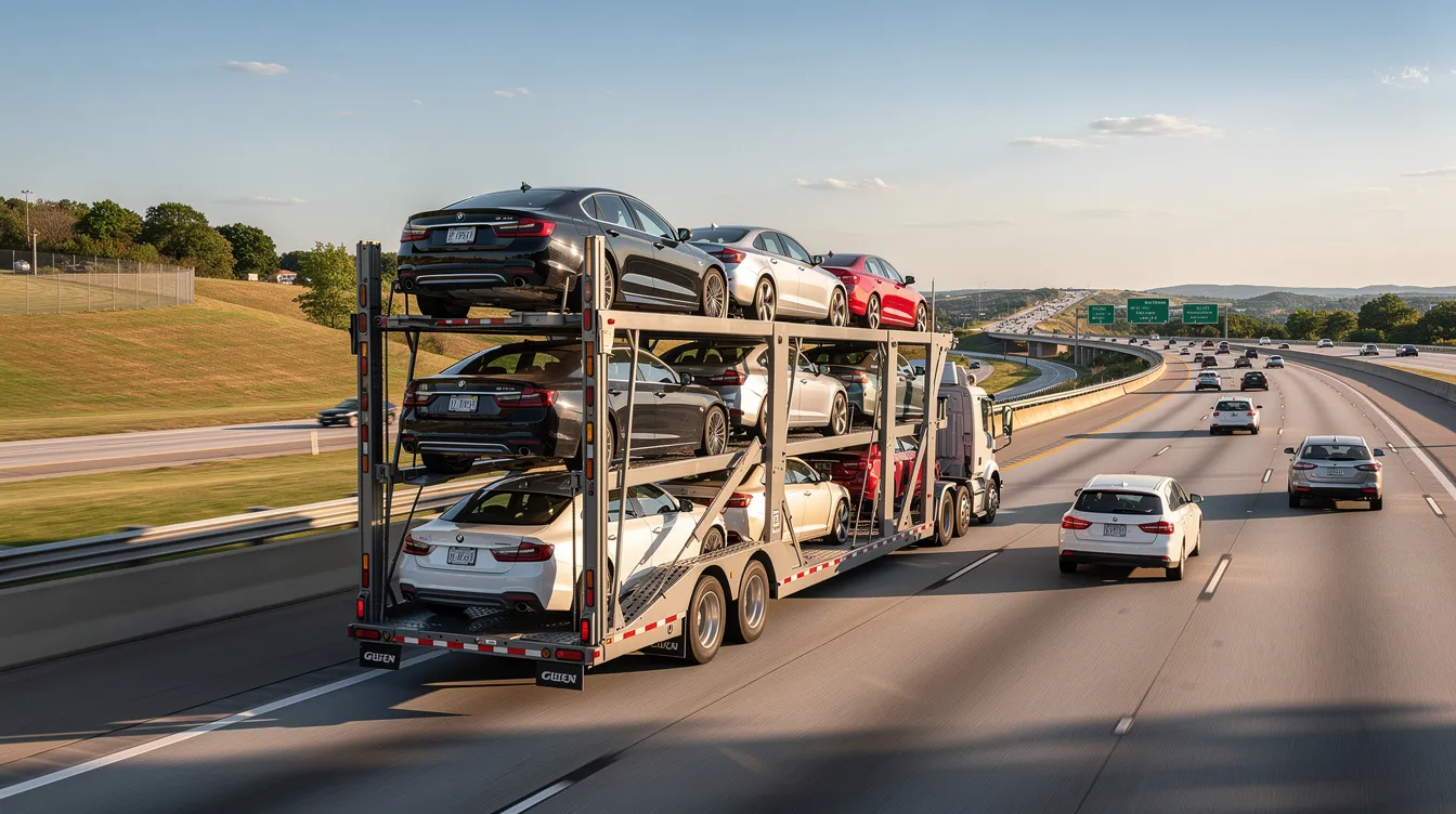 A car carrier truck is seen driving on a major interstate highway, loaded with multiple vehicles, showcasing the efficiency of auto transport services. This image highlights the role of reliable car shipping companies in transporting a variety of vehicle types across the country.