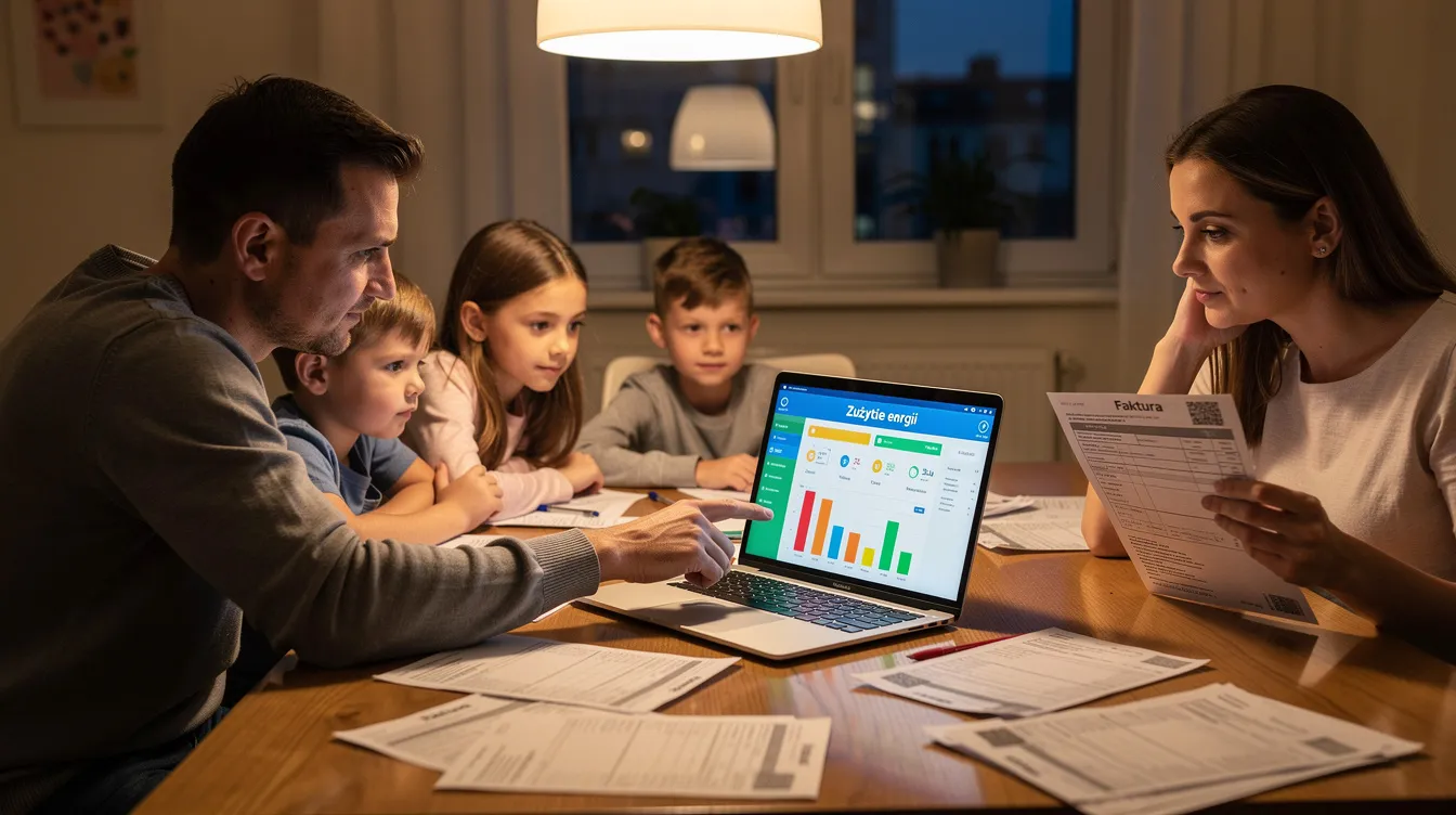 Rodzina siedzi przy stole, przeglądając dokumenty związane z dofinansowaniem do przydomowych magazynów energii, obok laptopa, na którym wyświetlana jest aplikacja do monitorowania zużycia energii. W tle można dostrzec elementy związane z instalacją fotowoltaiczną, co wskazuje na ich zainteresowanie niezależnością energetyczną.