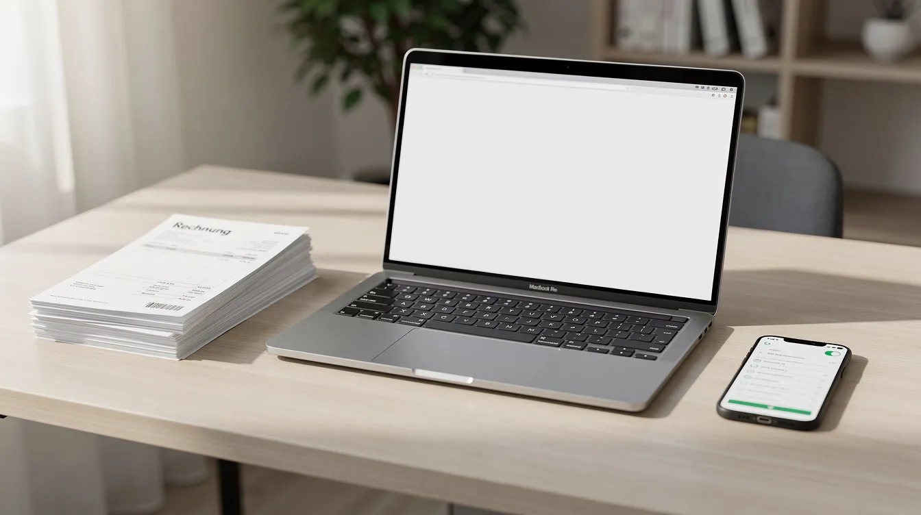 Ein aufgeräumter Schreibtisch zeigt einen Laptop, ein Smartphone und ordentlich gestapelte Rechnungen, die auf eine effiziente Buchhaltung hinweisen. Diese Anordnung könnte auf die Nutzung von Software wie "getmyinvoices" zur digitalen Verwaltung von E-Rechnungen und Dokumenten hindeuten.