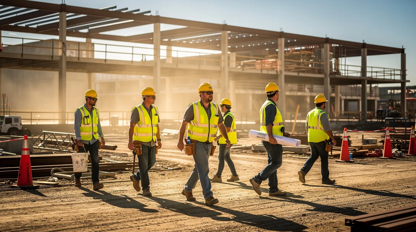 A group of construction workers, wearing hard hats and reflective vests, walk across a sunlit commercial jobsite on a hot summer day, highlighting the importance of heat illness prevention in extreme heat conditions. The scene emphasizes the need for frequent rest breaks and proper hydration to protect workers from heat-related illnesses such as heat exhaustion and heat stroke.
