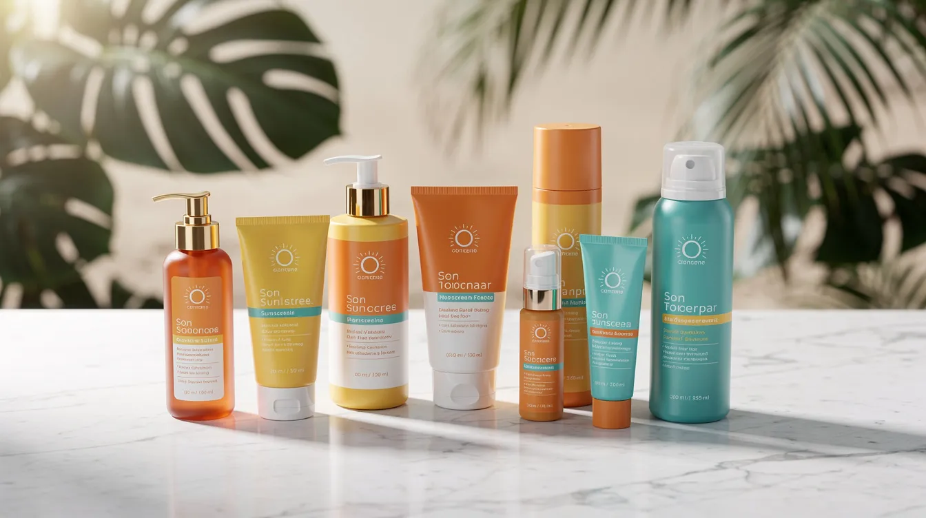 The image features an assortment of sunscreen bottles and tubes, neatly arranged on a polished marble surface, with vibrant tropical leaves in the background. These sunscreens cater to various skin types, including oily, dry, and sensitive skin, showcasing their importance in a skincare routine for maintaining hydration and protecting the skin barrier.