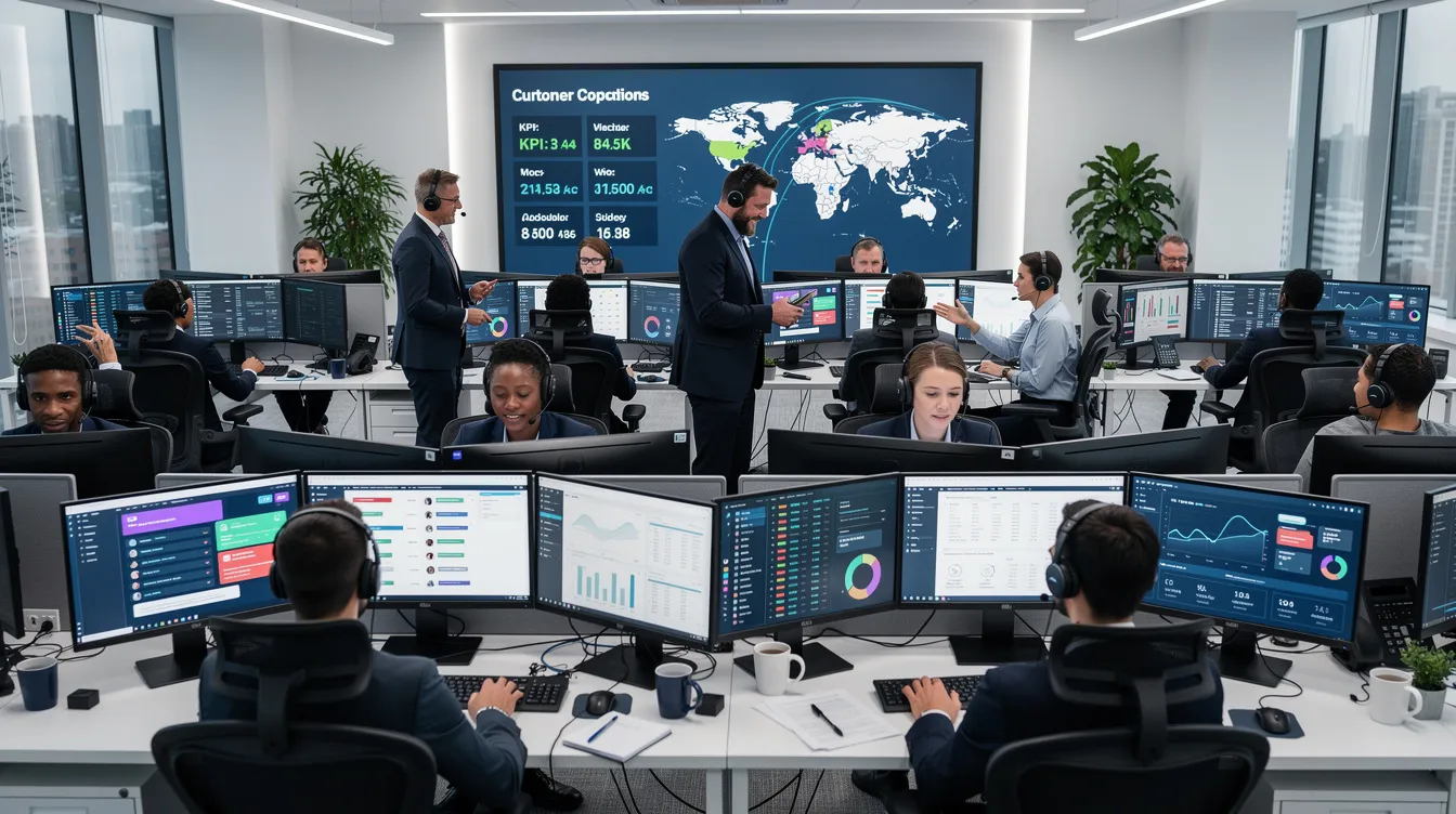 The image depicts a bustling customer service operations center filled with digital screens displaying chat dashboards and customer interactions. Employees are engaged in managing ai chatbots and virtual assistants, ensuring quick and accurate responses to customer queries across various messaging apps and communication channels.