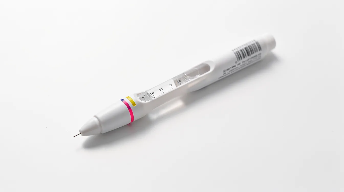 An injectable medication pen rests on a clean white surface, symbolizing the advancements in weight loss medications. This device may support weight loss and body weight management, highlighting the ongoing development of effective treatments like retatrutide, which is currently undergoing clinical trials.
