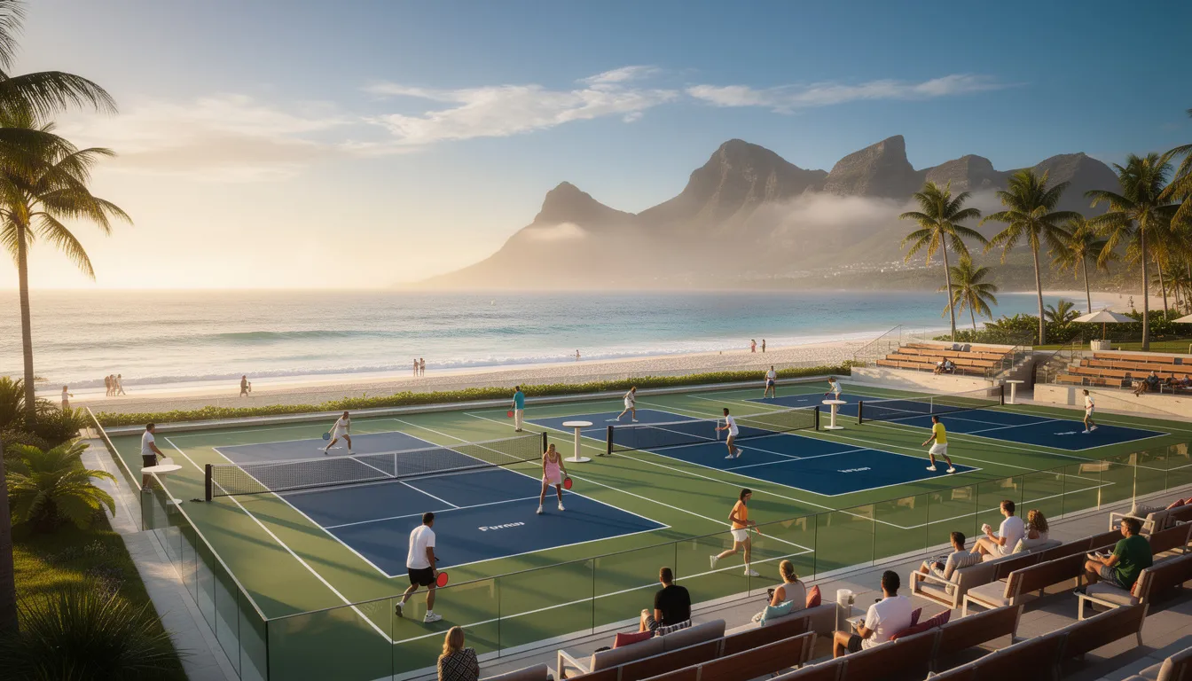 The image showcases luxury oceanfront pickleball courts situated at an upscale resort, with majestic mountains rising in the background. This picturesque destination is perfect for pickleball enthusiasts seeking a memorable pickleball vacation, surrounded by stunning views and beautiful beaches.