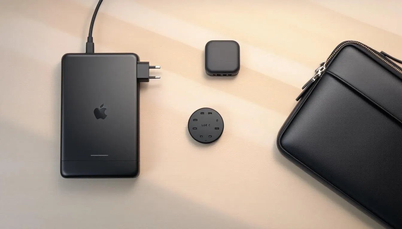 Sur un bureau, des accessoires professionnels pour ordinateur portable sont disposés, incluant un chargeur, un sac et un hub USB-C, tous conçus pour améliorer l'efficacité des commerciaux et des consultants itinérants. Ces éléments témoignent de la qualité et de la robustesse nécessaires pour un usage quotidien en entreprise.