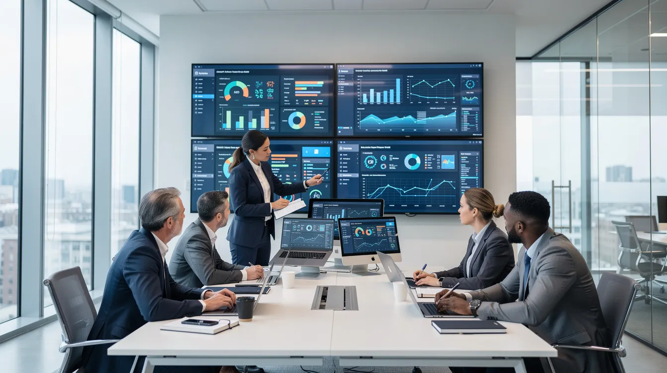 A team gathered in an office reviewing apprenticeship tracking data on multiple screens.