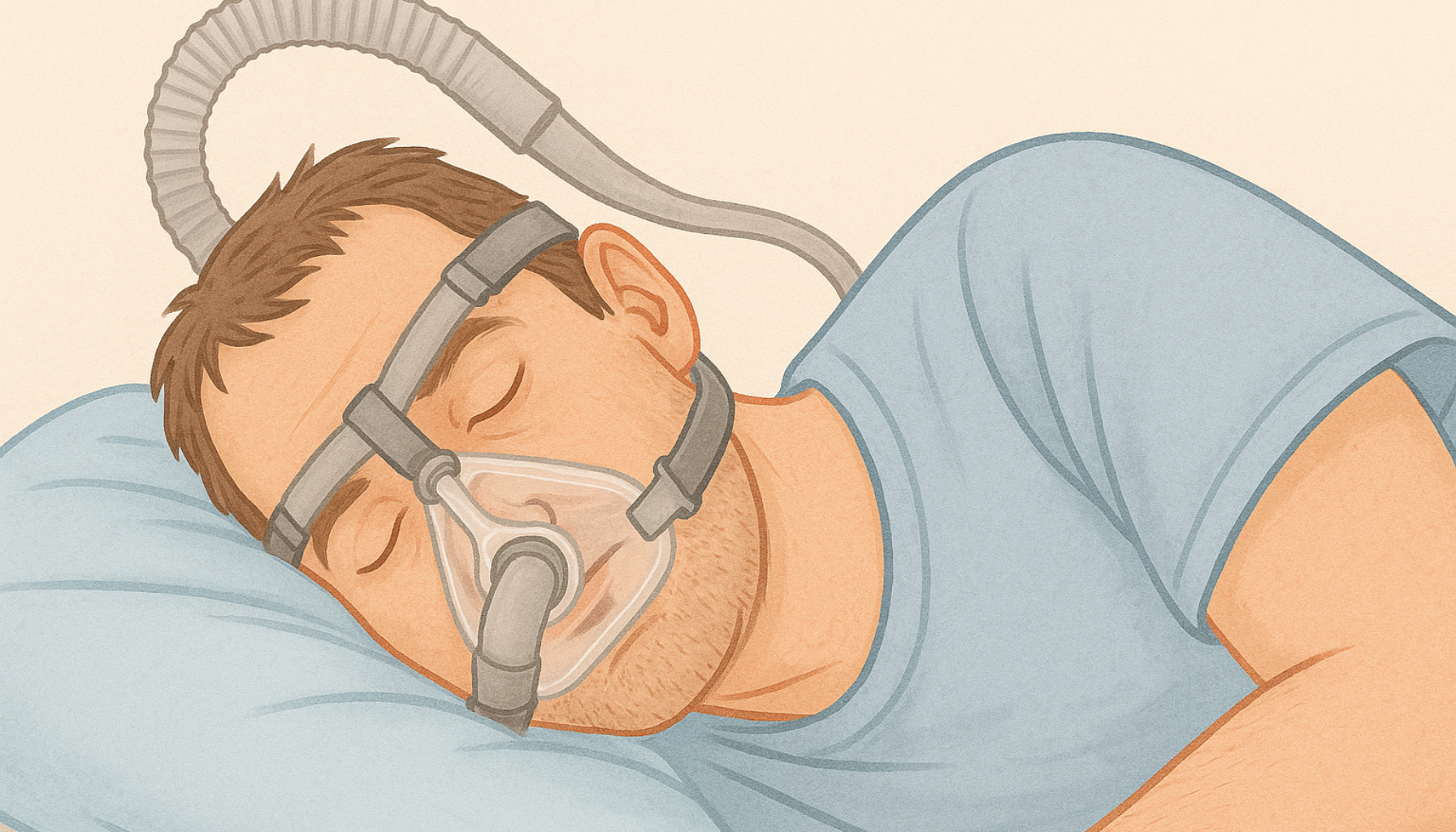 Mann ligger på siden og sover rolig med pustemaske koblet til slange, viser bruk av CPAP for bedre søvnkvalitet.