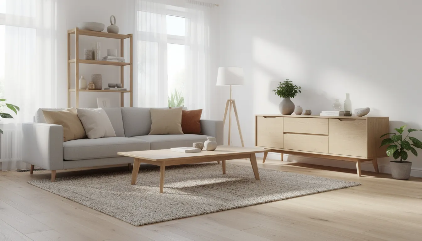 Ett ljust nordiskt vardagsrum med trädetaljer och neutrala textilier, där möblerna är stilrent designade för att skapa en harmonisk inredning. Rummet utstrålar en känsla av lugn och elegans, vilket gör det till en perfekt plats för avkoppling i hemmet.