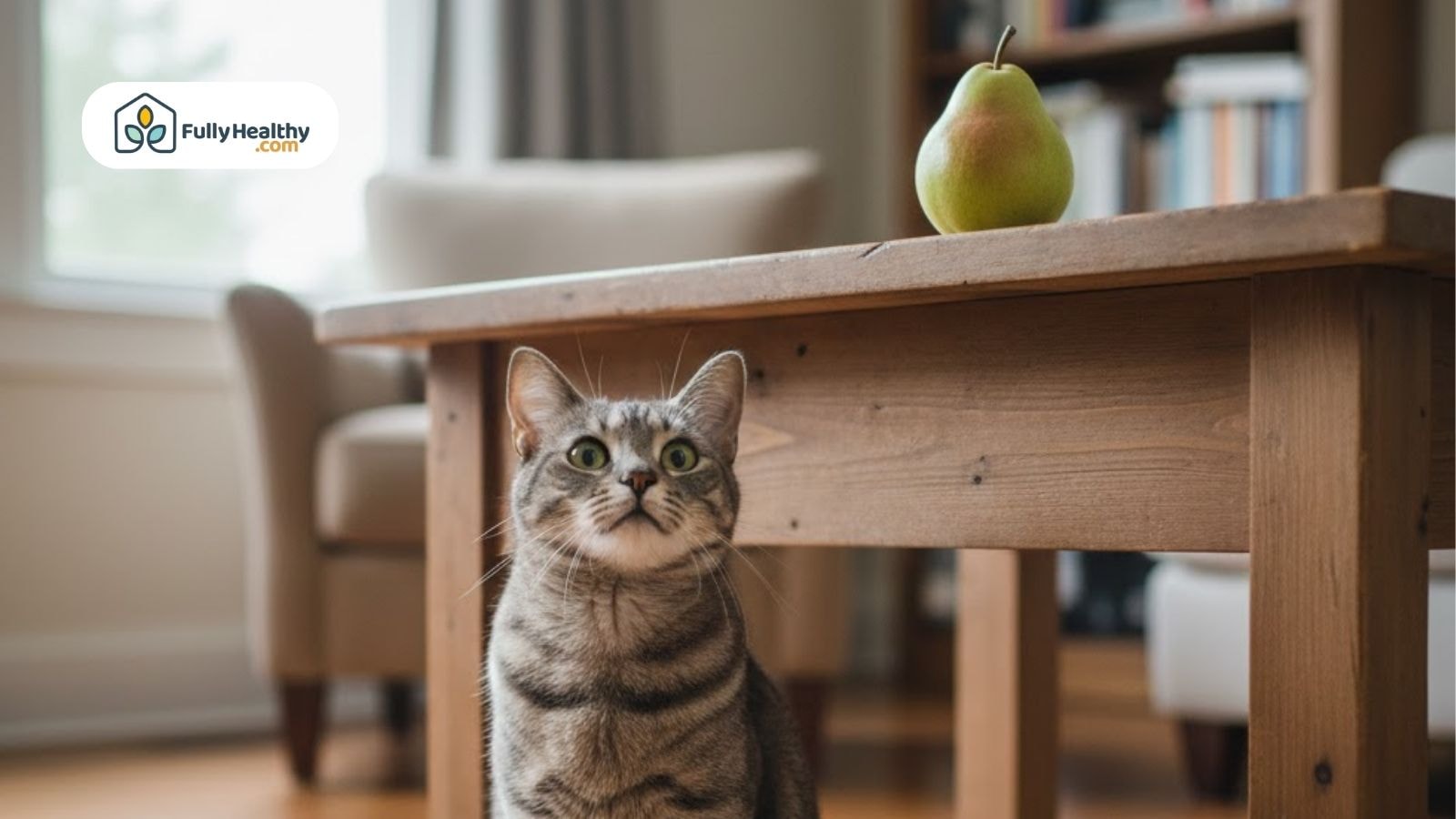 A curious gray tabby cat sits beside a wooden table with a whole green pear placed on top.