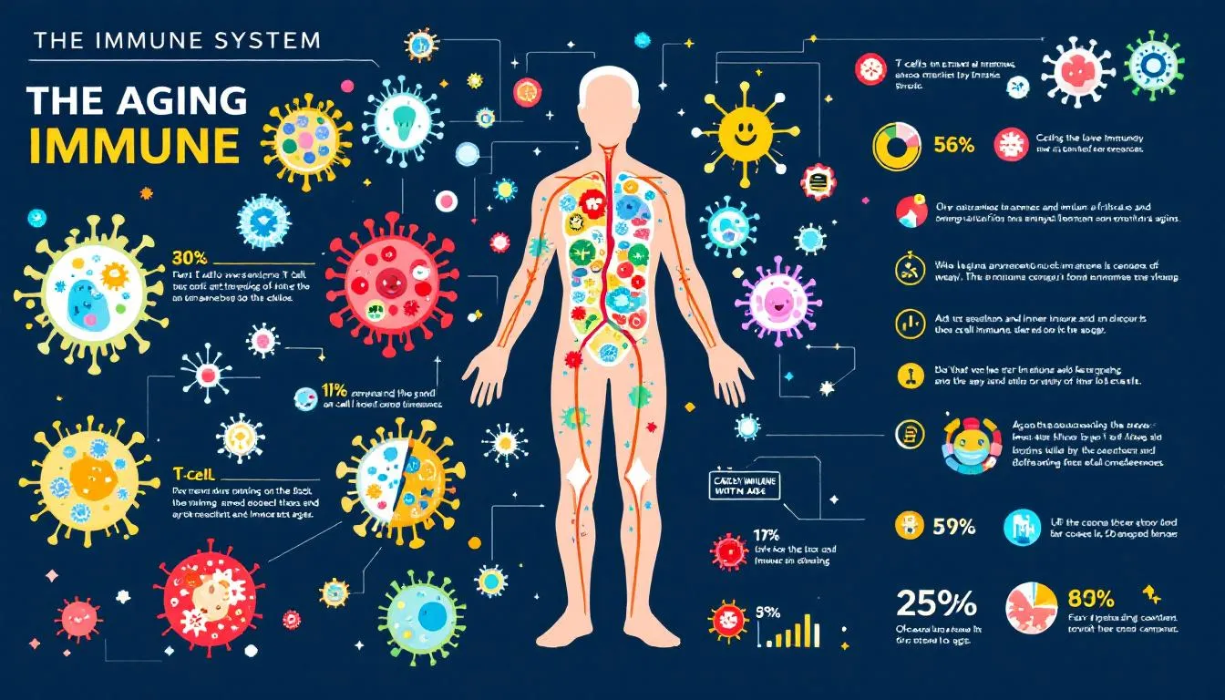 An illustration showing the aging immune system and its functions.