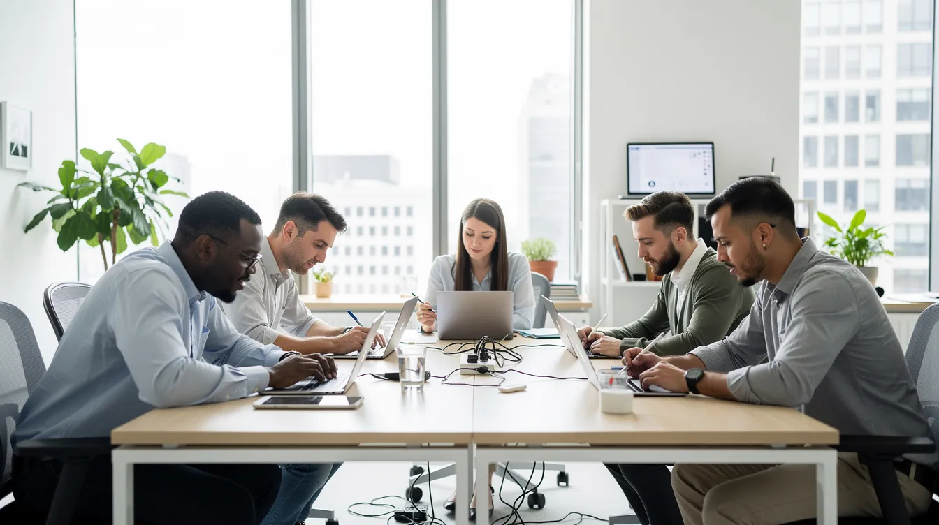 Ein Team von Mitarbeitern arbeitet in einem modernen Büro gemeinsam an Laptops und Tablets, um Finanzprozesse und Ausgabenmanagement effizient zu gestalten. Die Zusammenarbeit fördert die Nutzung von Softwarelösungen wie Circula zur Optimierung von Reisekostenabrechnungen und Abrechnungsdetails.