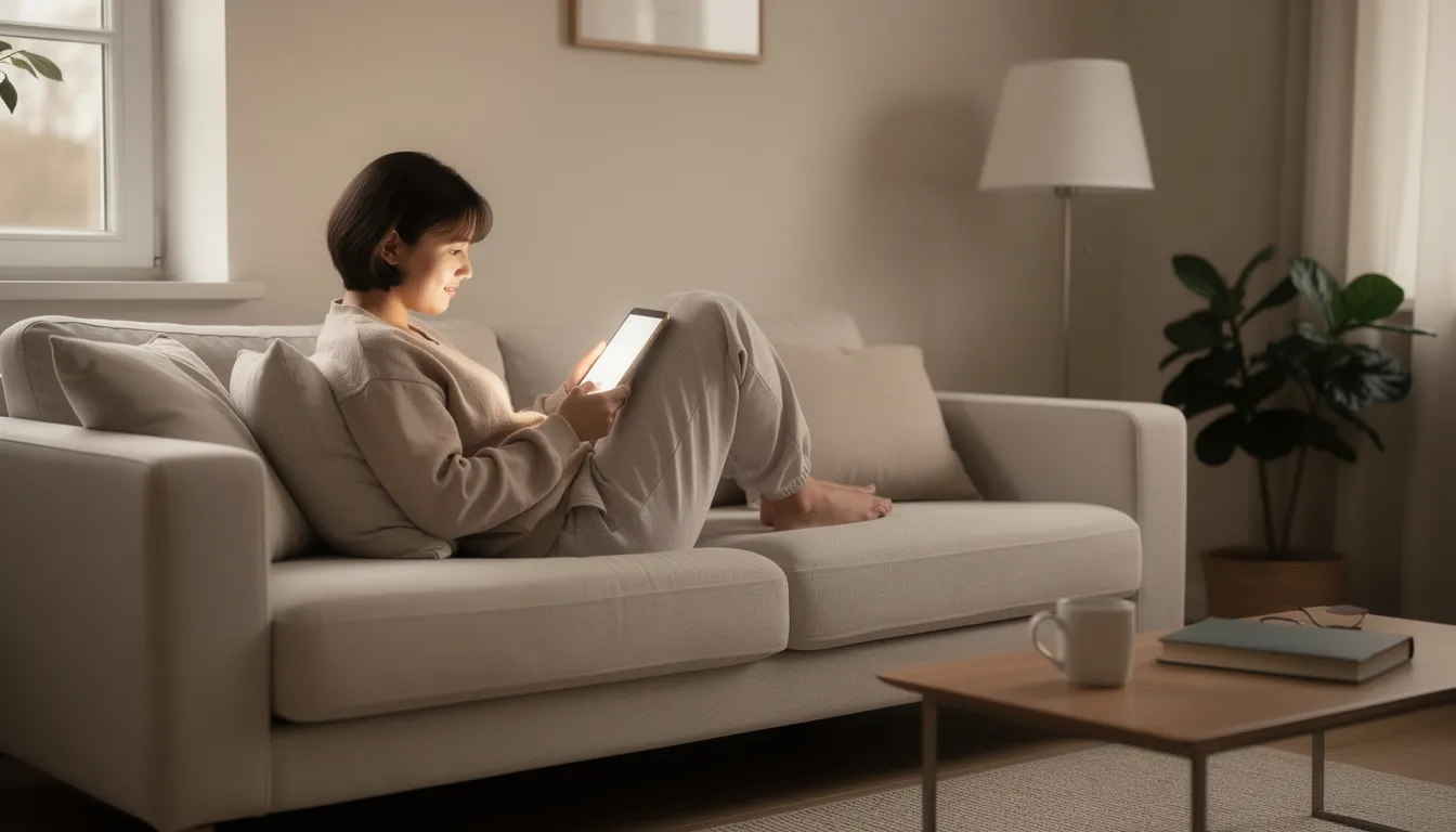 En person kopplar av i en bekväm soffa medan hen använder en surfplatta för att spela på ett svenskt casino online. Runt omkring finns en avslappnad atmosfär som inbjuder till spel och nöje.