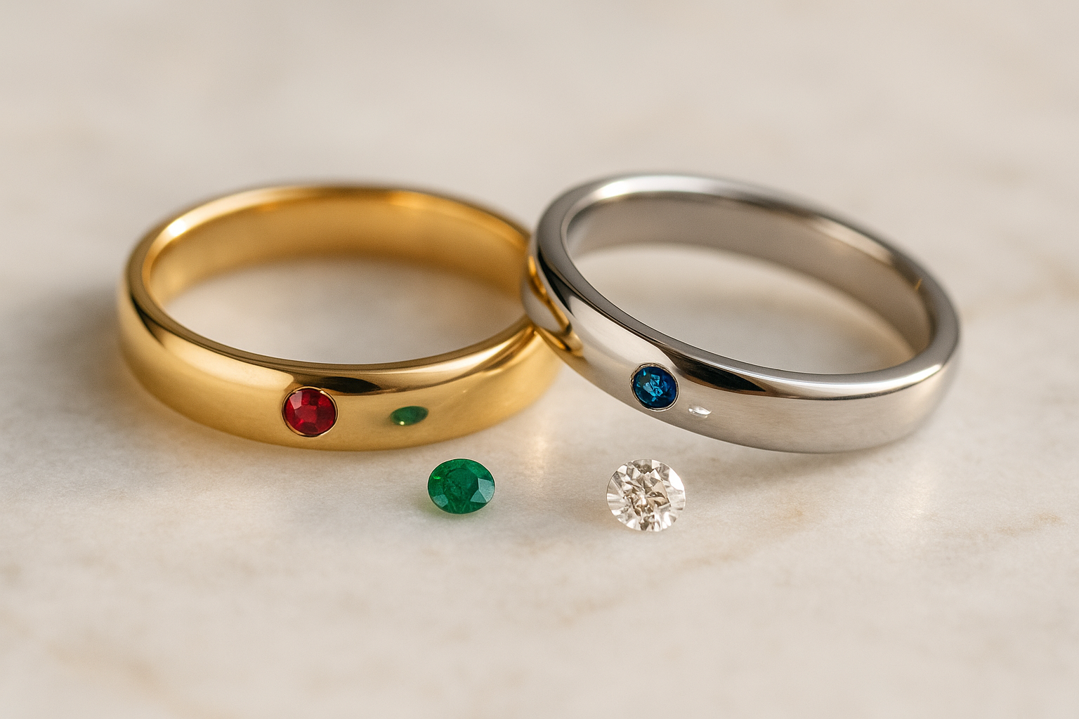 Vestuviniai žiedai su deimantu, safyru, rubinu ir smaragdu – kiekvieno akmens simbolinė reikšmė.