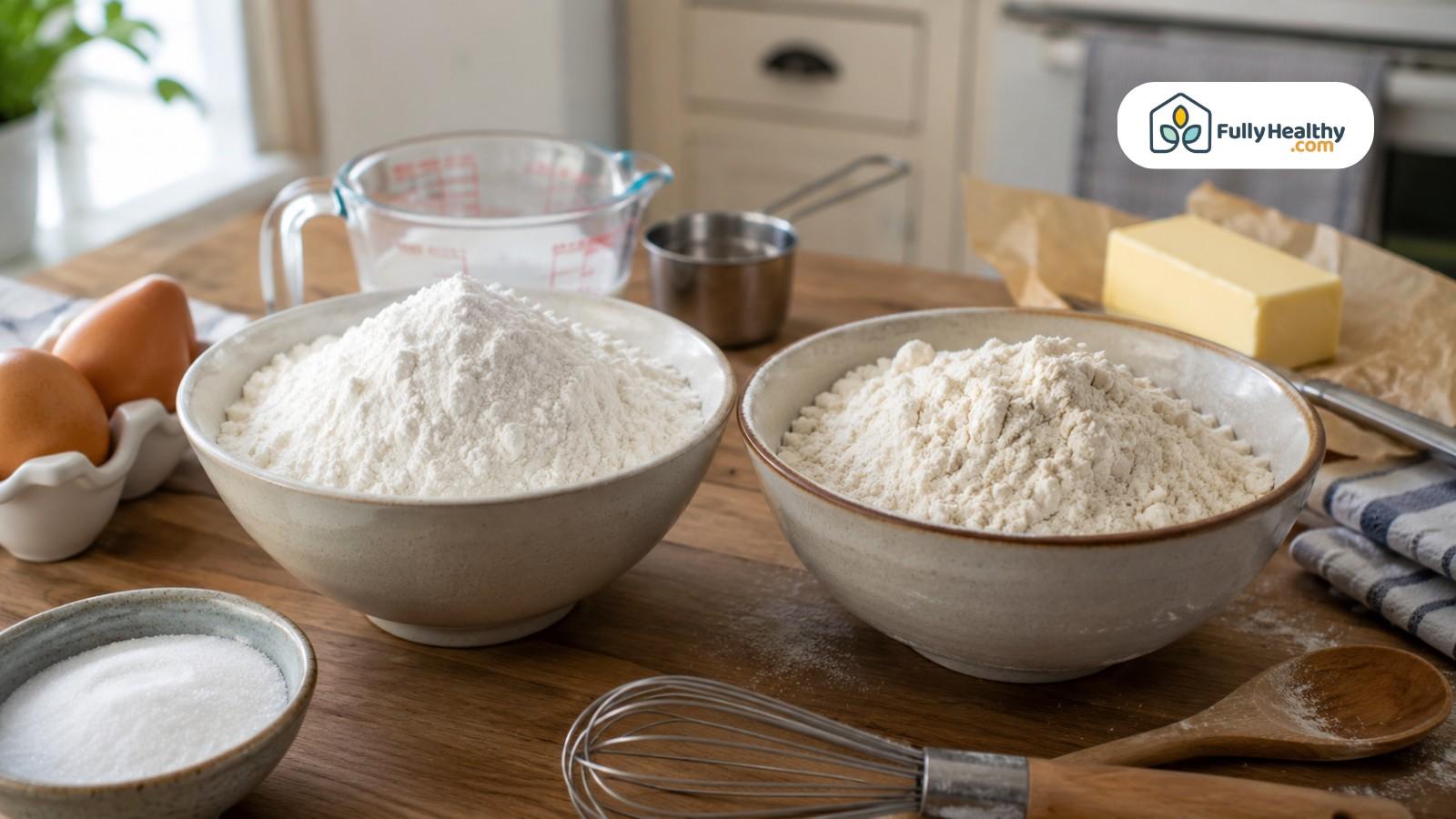 Baking ingredients arranged with flour, eggs, butter, sugar, whisk, and measuring cup