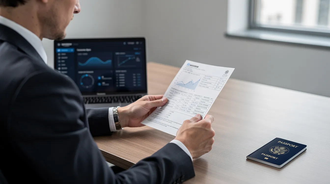 The image shows a professional sitting at a desk, intently reviewing documents alongside a laptop and an open passport. This scene suggests a focus on the visa application process, possibly related to the Ireland work visa or employment permit requirements.