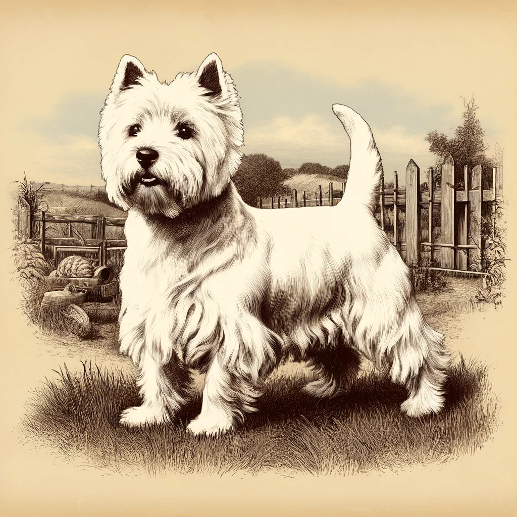 a historical illustration of a West Highland Terrier from the early 20th century. It features the terrier in a classic pose with a vintage garden fence and picturesque countryside setting