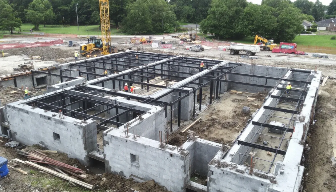 Un chantier de construction montre les fondations et la structure d'un solarium 4 saisons en cours d'installation, avec des matériaux tels que du PVC et des éléments de toiture visibles. Ce projet met en avant l'espace qui sera dédié à la lumière et à la vie à l'intérieur de la maison.