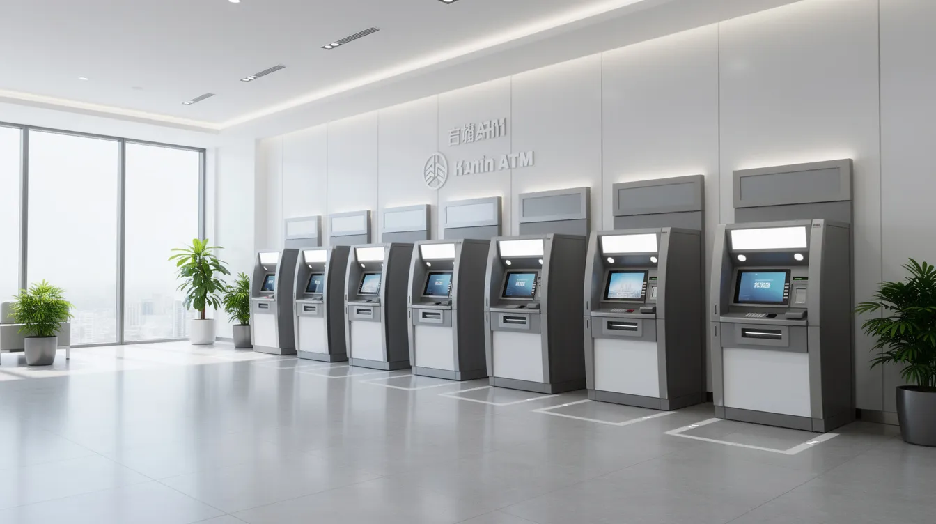 The image shows a row of modern ATM machines inside a bright and clean bank lobby, emphasizing the accessibility and convenience of banking services. This setting reflects the contemporary atmosphere of financial institutions in Panama, catering to clients' needs for daily transactions and online banking options.