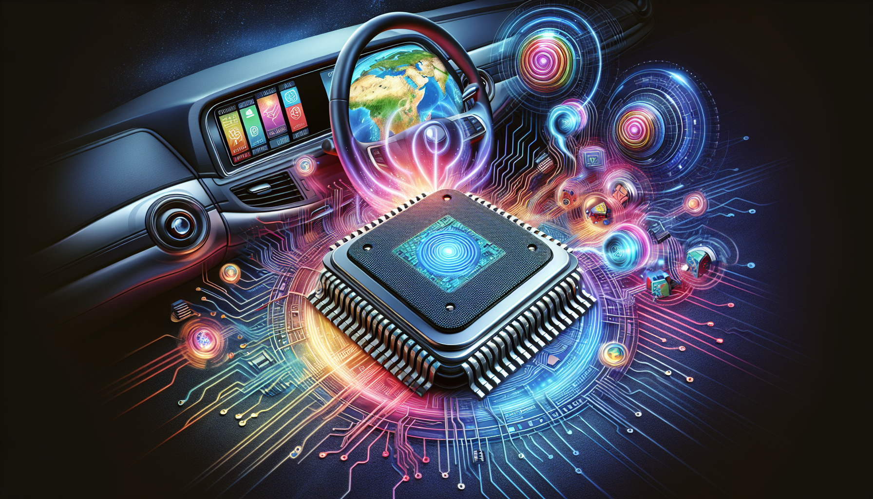 Illustration of semiconductor chips powering infotainment system in cars