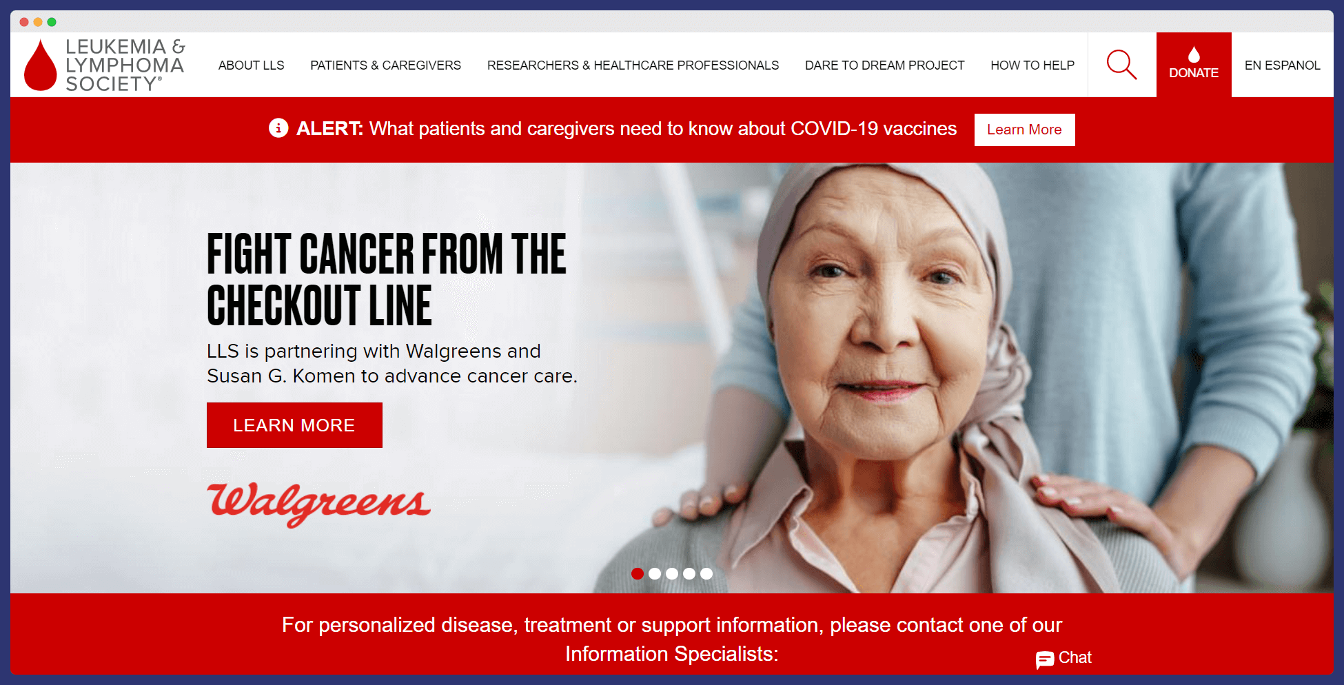 leukemia and lymphoma website's homepage