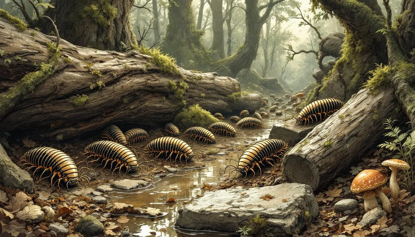 An image depicting the habitat preferences of woodlice, including damp and dark environments.