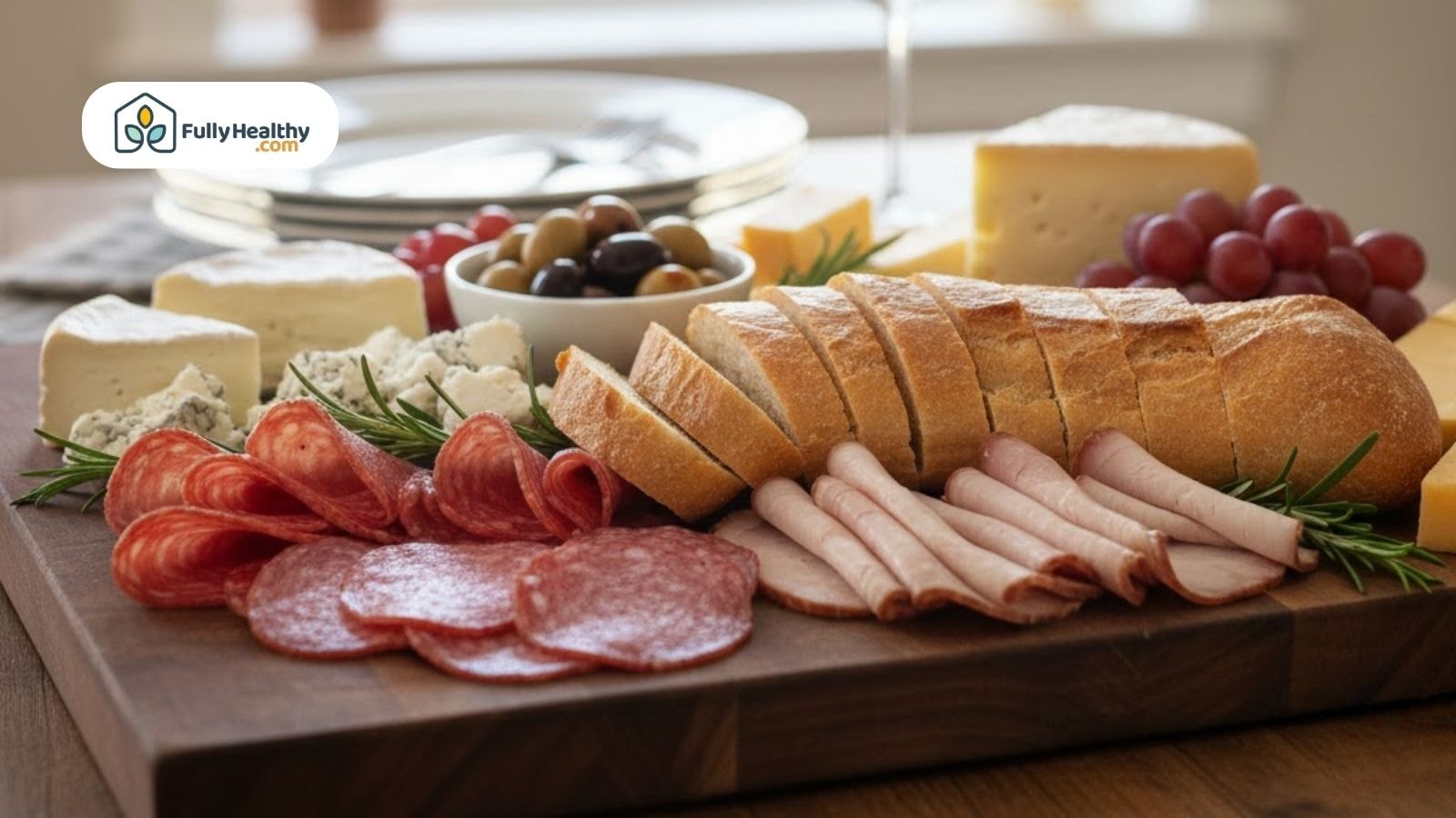 Charcuterie board with salami, cheese,  grapes, and bread slices.
