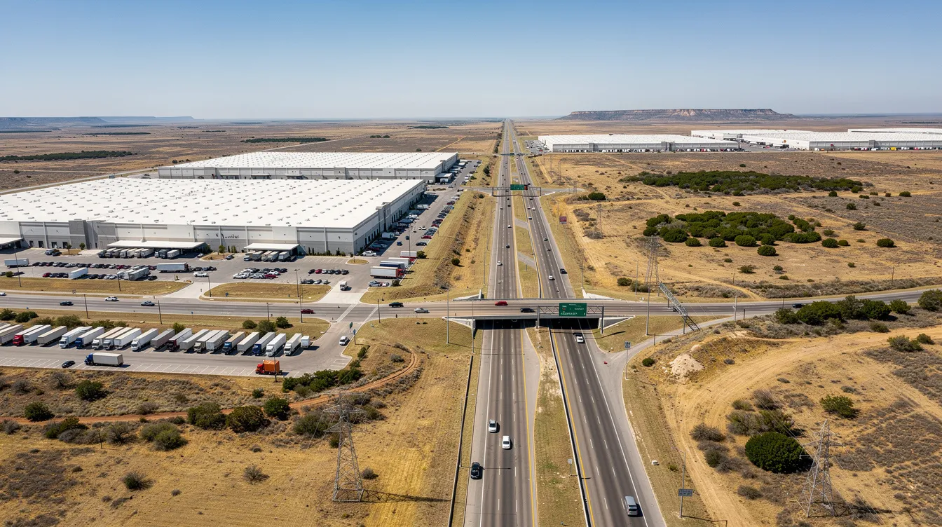 An aerial view showcases a modern industrial park situated along a highway corridor in a semi-arid Texas landscape, highlighting various construction facilities and warehouses that represent the region's commercial construction industry. The image reflects the current trends in material costs and labor availability, essential factors for developers navigating Texas construction costs and supply chain issues.
