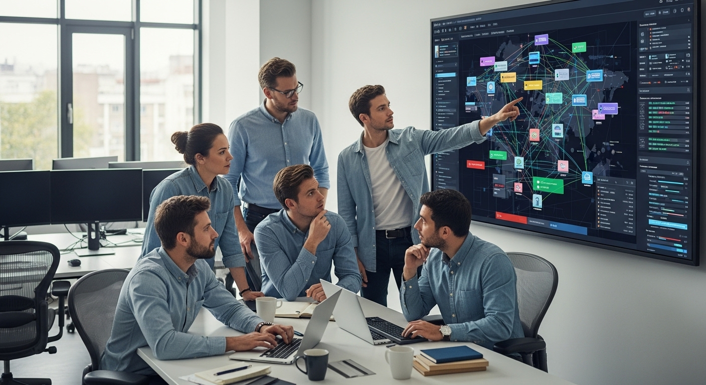 Enterprise IT team mapping network assets and user access patterns on a digital dashboard during zero trust implementation planning.