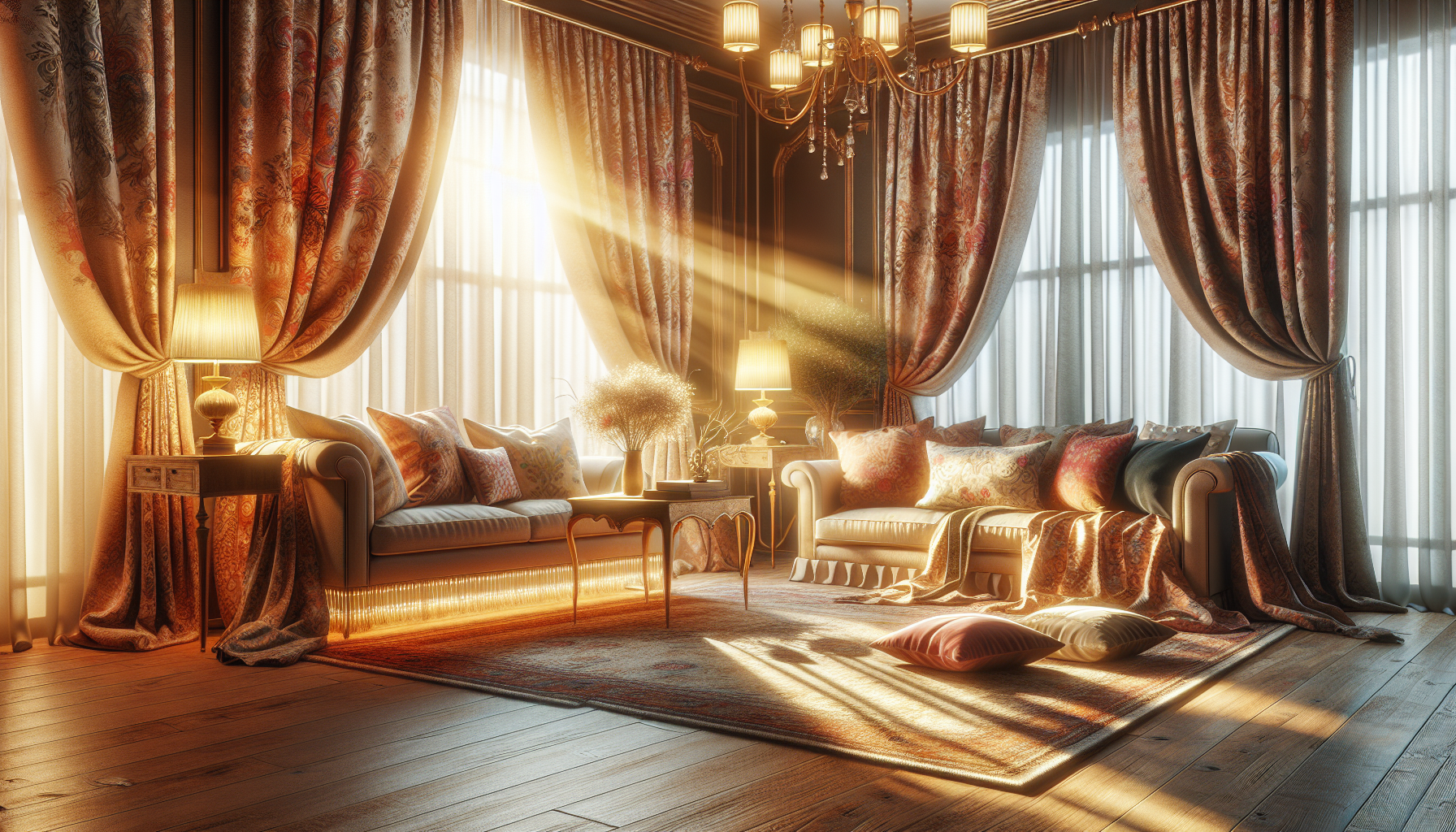 An illustration of floor-length curtains enhancing a room's aesthetic.