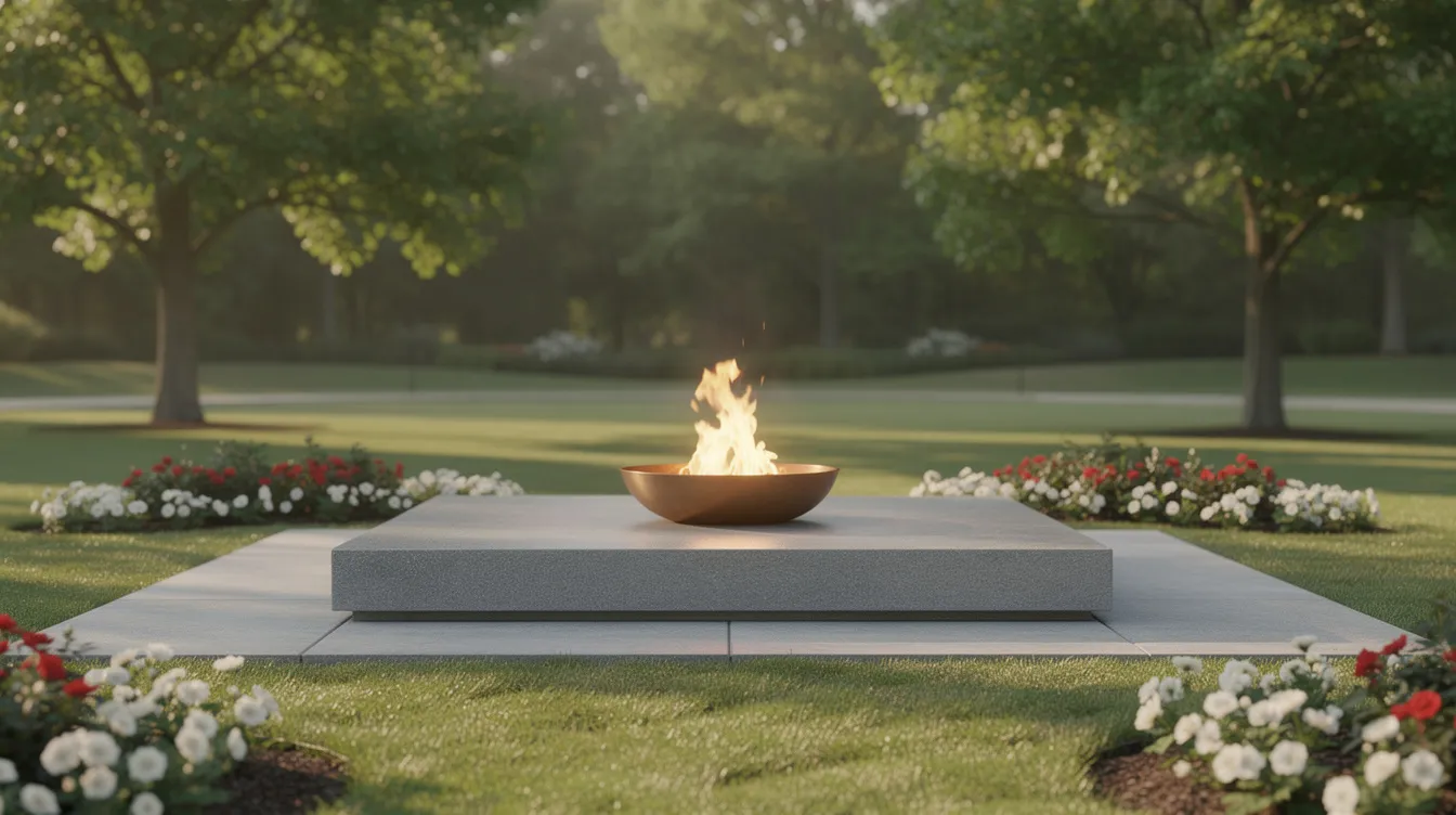 Die schlichte steinerne Gedenkplattform mit einer ewigen Flamme steht in einem ruhigen Park, umgeben von gepflegtem Rasen und bunten Blumenarrangements. Dieses Denkmal erinnert an Mahatma Gandhi, den Anführer der indischen Unabhängigkeitsbewegung, und symbolisiert seinen Kampf für Gewaltlosigkeit und Frieden.