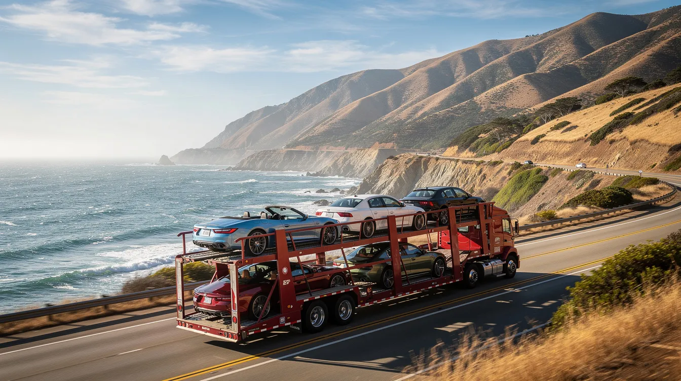 A car carrier truck is driving along a scenic California coastal highway, with majestic mountains rising in the background. This image captures the essence of auto transport services, highlighting the journey of vehicles being shipped across the beautiful California landscape.