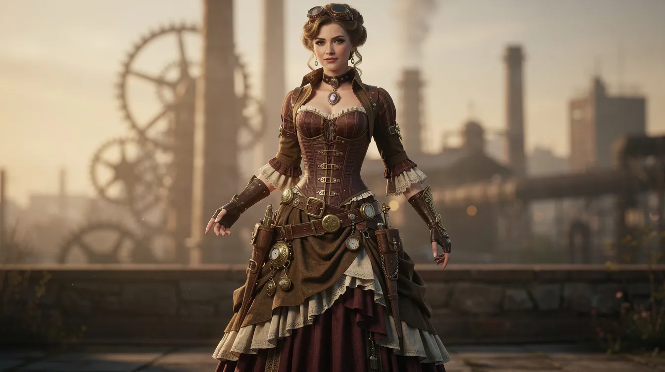 Eine Frau trägt ein viktorianisches Steampunk-Kleid, das aus einem Korsett, einem Stufenrock und verschiedenen Lederaccessoires besteht. Ihr Outfit wird durch einen Zylinder und schicke Goggles ergänzt, was einen einzigartigen Retro-Futurismus ausstrahlt.
