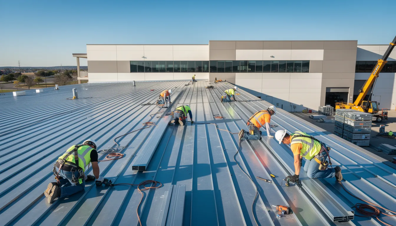 The image shows workers installing modern metal roofing on a commercial building, emphasizing the quality and craftsmanship associated with mcelroy metal products. The scene reflects a busy work environment, highlighting the collaboration and expertise of the contractors involved in the project.