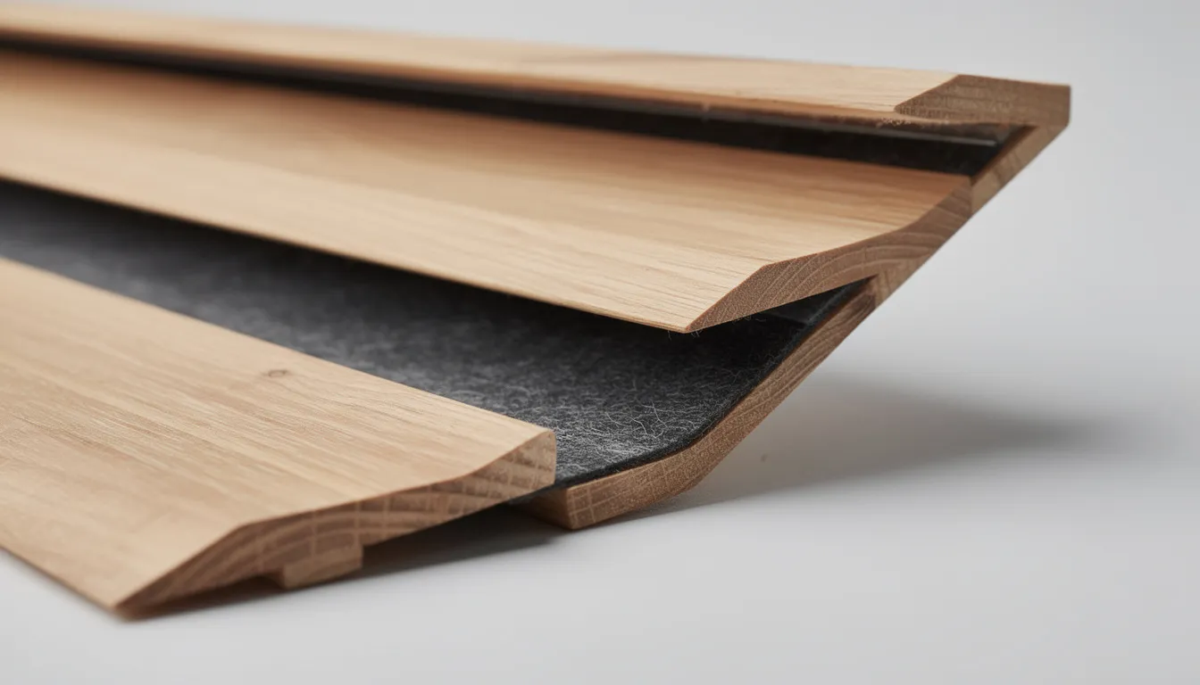 Close-up van een set houten latten met een zichtbare viltlaag aan de achterzijde, die onderdeel uitmaken van akoestische wandpanelen. Deze latten zijn ontworpen voor een stijlvolle en praktische lattenwand kapstok, perfect voor iedere ruimte zoals een hal of smalle gang.