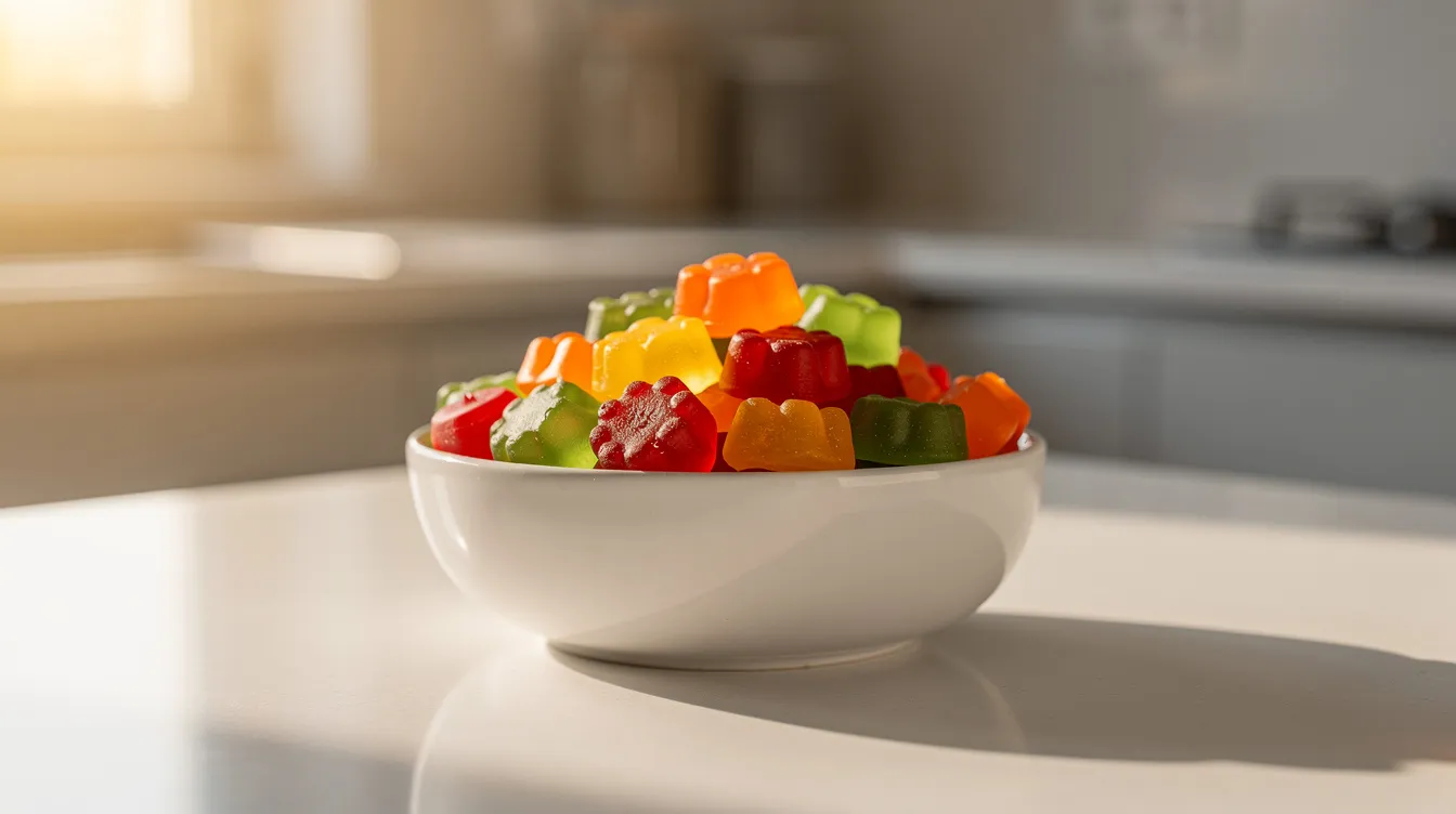The image features a white ceramic bowl filled with colorful gummy supplements, including functional mushroom gummies, sitting on a clean kitchen counter illuminated by soft morning light. These gummies, which may support brain health and immune function, are part of a healthy lifestyle routine.