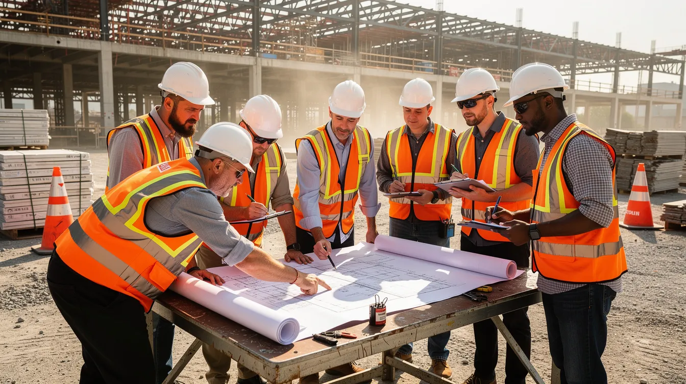 A group of construction workers, wearing hard hats and safety vests, are gathered around a jobsite table, reviewing blueprints and documents, which is essential for ensuring compliance with prevailing wage laws and project management in the construction industry. Their focus on the details reflects the importance of maintaining regulatory compliance with California's labor code and federal regulations for public works projects.
