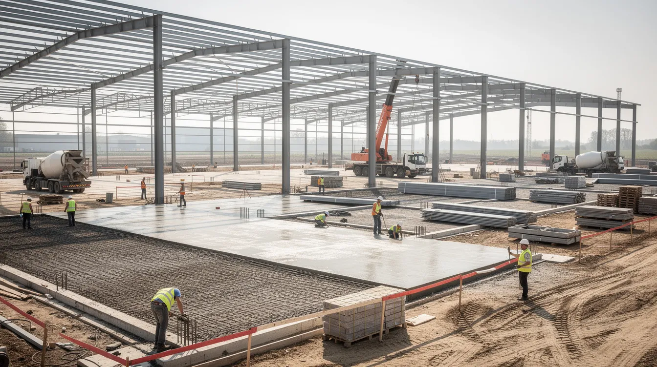 The image depicts a large warehouse construction site with ongoing steel framing and concrete foundation work, showcasing the essential elements of the construction industry. Various construction materials are visible, highlighting the unique challenges of managing material costs and labor shortages during the procurement process.