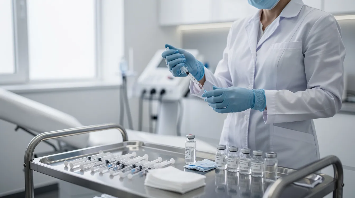 A medical professional in a clean clinical setting is preparing supplies for cosmetic injections, focusing on treatments for dynamic wrinkles like frown lines and crow's feet. This procedure aims to enhance youthful skin and achieve natural looking results for clients seeking a refreshed appearance.