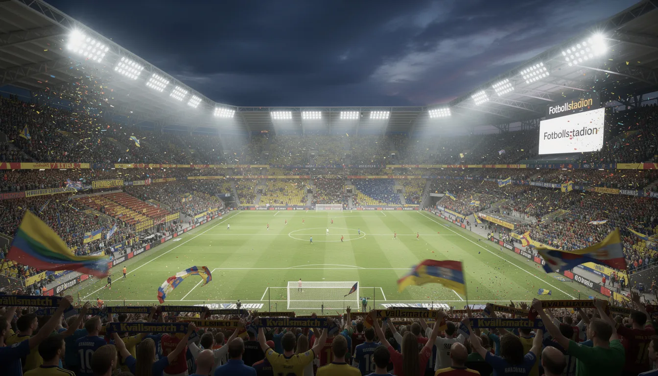 En fotbollsstadion med fullsatta läktare under en kvällsmatch, där fansen jublar och hejar på sina lag. Stämningen är elektrisk och ljusen från stadion lyser upp den mörka himlen.