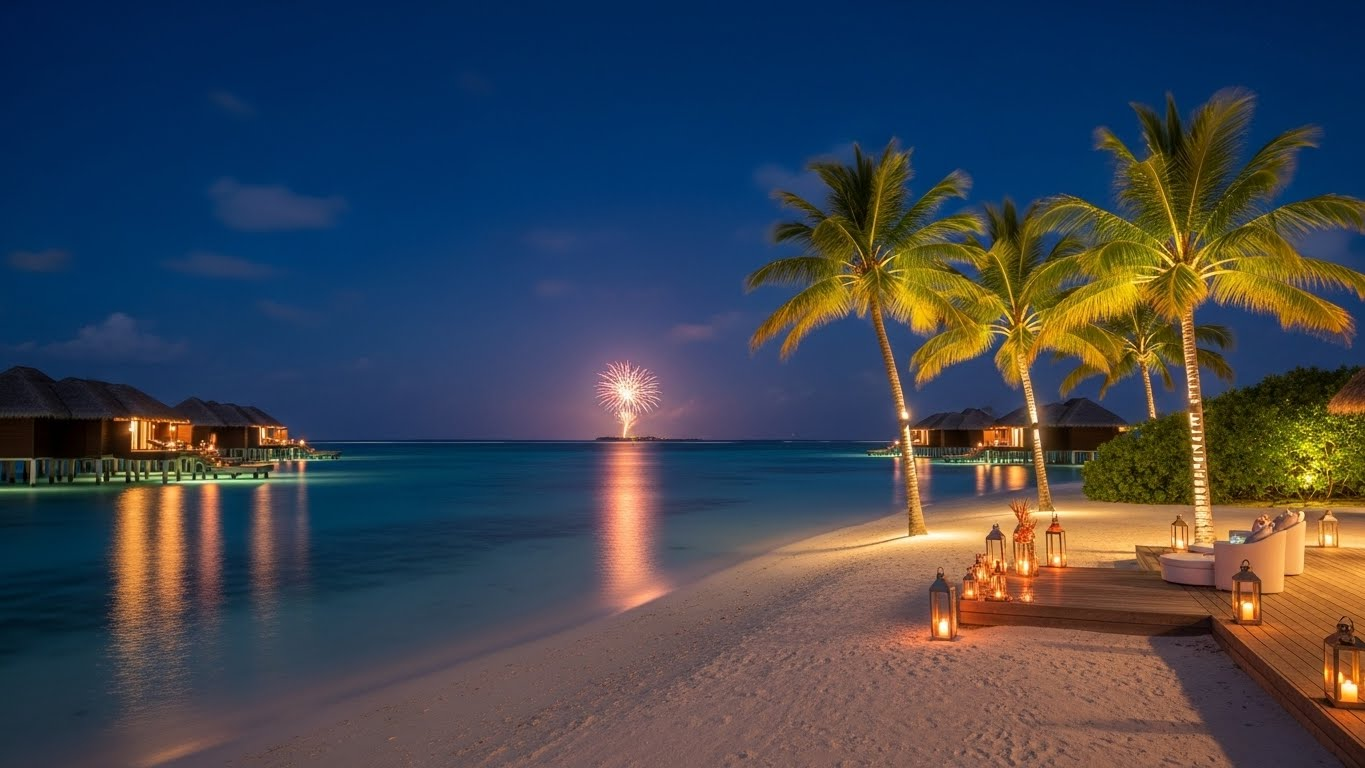Overwater villas in the Maldives at night with distant New Year’s Eve fireworks over the lagoon.