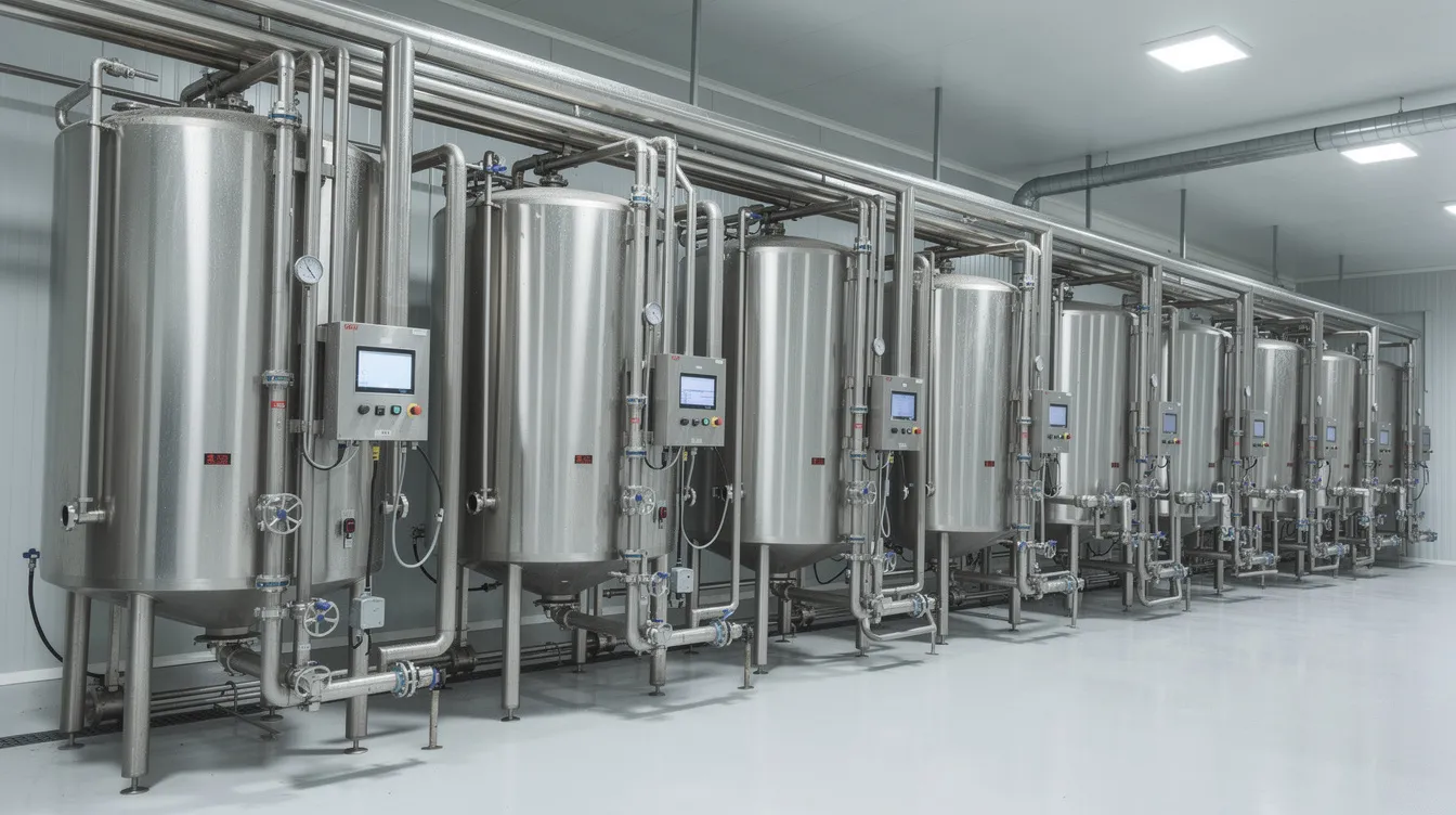 f9c62e57 a33a 4c83 a054 32733cd23aa9 The image depicts an industrial dairy processing facility featuring stainless steel tanks and extensive piping systems, essential for managing the dairy supply chain. This equipment is crucial for processing raw milk into various dairy products while ensuring consistent quality and efficient production planning.