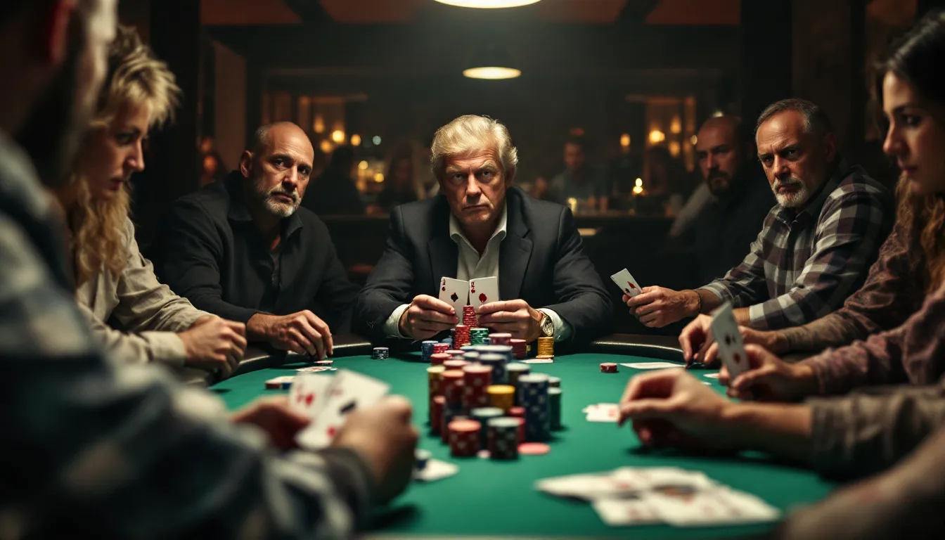 Das Bild zeigt einen Pokertisch, an dem mehrere Spieler sitzen und konzentriert ihre Karten halten, während sie Chips setzen. Die Atmosphäre ist angespannt, da einige Spieler möglicherweise mit einer starken Hand oder einem "All in" spielen, um den Pot zu gewinnen.