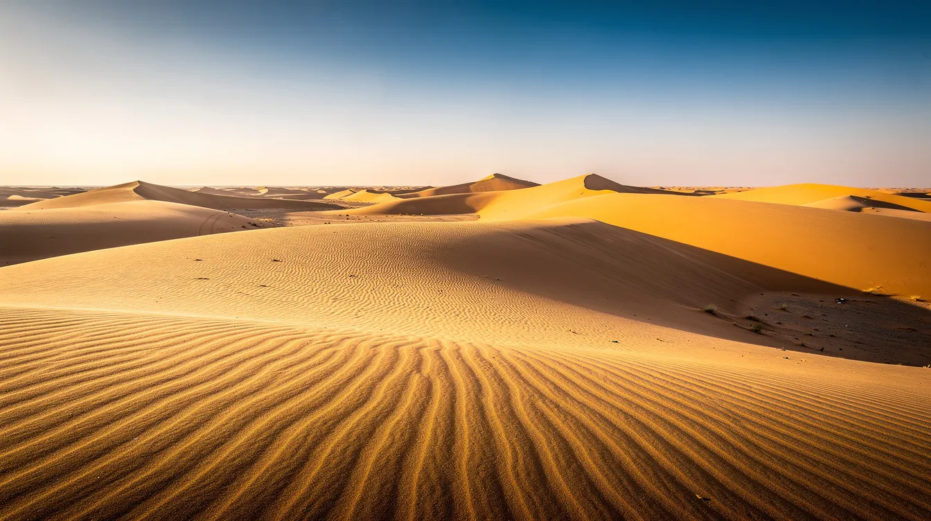 Die Weite der Wüstenlandschaft zeigt goldene Sanddünen, die sich unter einem klaren Himmel erstrecken, während dramatische Lichtreflexionen die Szene lebendig machen. Diese beeindruckende Kulisse könnte als Inspiration für einen epischen Soundtrack von Hans Zimmer dienen, der oft mit Filmen wie "Gladiator" und "Dunkirk" in Verbindung gebracht wird.