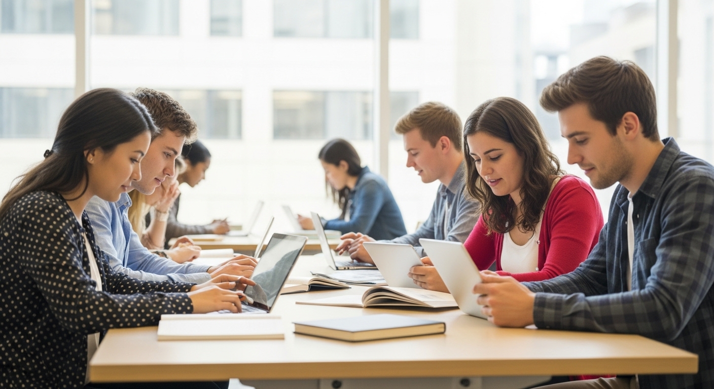 Students using laptops, tablets, and phones to access digital learning platforms, highlighting multiple entry points.