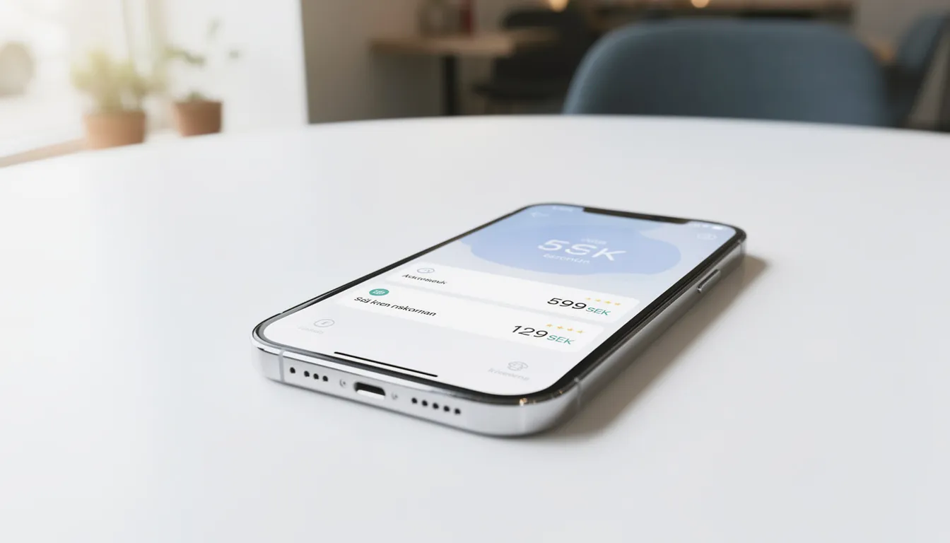 En smartphone visar en mobil betalningsapp med svenska kronor som valuta, vilket gör det enkelt att hantera transaktioner för spel på online casinon som erbjuder live casino och slots. Appen inkluderar också snabba betalningsmetoder som Swish och BankID för säkerhet och bekvämlighet.